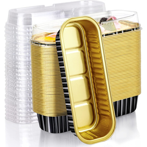 Aluminum Foil Mini Cake/Loaf Pans with <b>Plastic</b> Lid 6.8 Oz Rectangle Baking <b>Containers</b> Disposable Food Grade Black Gold - Product Image 1