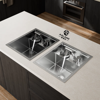 Évier de cuisine moderne carré noir en acier inoxydable à cuve unique encastrée avec cache-vanne en laiton pour installation sur comptoir