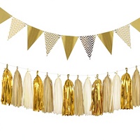 Guirlande de fanions triangulaires en papier doré métallisé scintillant, 8,2 pieds, avec pompons, 15 pièces, pour fête de naissance