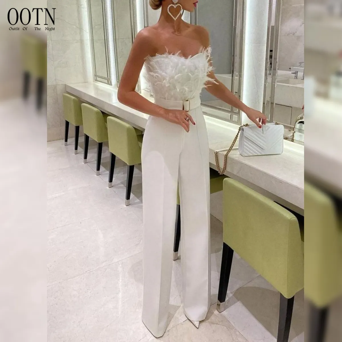 OOTN Sexy Fashion Party Night Evening Jumpsuit 2023 Summer Strapless Slash Neck Feather Tube Top Jumpsuit Elegant Long Jumpsuit