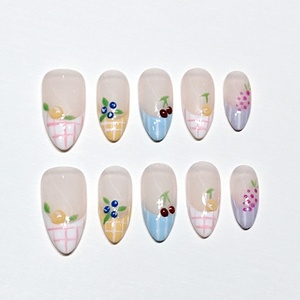 <span class=keywords><strong>Uñas</strong></span> Postizas Modernas Muhaha, Diseño Francés Veraniego a Cuadros con Frutas - Product Image 2