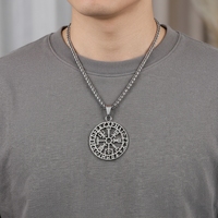 Pendentif Boussole Viking Runes Collier Acier Inoxydable Homme Vegvisir Nordique Odin Gros Bijoux Cadeau Protection Amulette