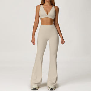 ブラッシュドファブリックナイロンスパンデックス弾性圧縮ヨガセットブラ + フレアパンツ2個セットジムフィットネスハイインパクトスポーツブラ + レギング - Product Image 3