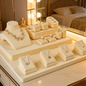 Expositor de Joyería de Microfibra con Elementos Metálicos Dorados, Soporte Personalizable para Anillos, Pulseras, Collares y Pendientes - Product Image 5