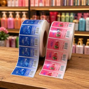ฉลากสติกเกอร์ PET สีฟ้าและชมพู รูปทรงสี่เหลี่ยมผืนผ้า พร้อมบาร์โค้ด สำหรับขวดเครื่องดื่ม พิมพ์ตามสั่ง แกนขนาด 3 นิ้ว - Product Image 1
