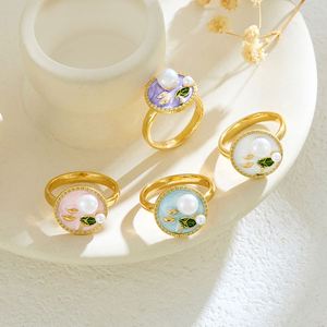 Anillo Vintage Elegant <b>Adjustable</b> Painted Drip Oil <b>Ring</b> Flower Enamel Pearl Opening <b>Ring</b> Flower Copper Micro Inlaid Enamel <b>Ring</b> - Product Image 1