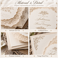 Suite d'invitations de mariage personnalisées en dentelle, marque privée, OEM, avec enveloppe en doily dorée, faible MOQ pour les planificateurs