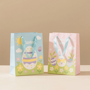 Custom Bunny Prints <strong>Easter</strong> Egg Hunt Kraft Paper <strong>Gift</strong> <strong>Bags</strong> Fast Shipping for Pastel Spring Colors Bulk Order - Product Image 1