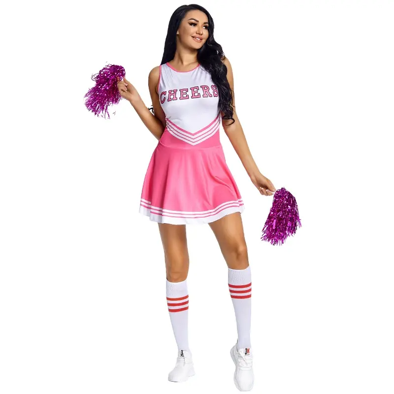 Damen Cheerleading Uniform Tanz kostüm Schulmädchen Cosplay Outfit Letter Print Ärmelloses Kleid mit Socken Jubel blume