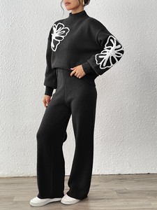 Maglione Pullover con maniche a lanterna ricamate con nastro da donna di fabbrica e pantaloni Casual a gamba larga Set di due pezzi all'ingrosso personalizzato - Product Image 2