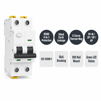 Disjoncteur différentiel RCBO Wanbo-502 1P+N 2P 3P 4P Courbe C 30mA 6kA IEC 61009-1 avec capuchon jaune et LED verte pour rail DIN