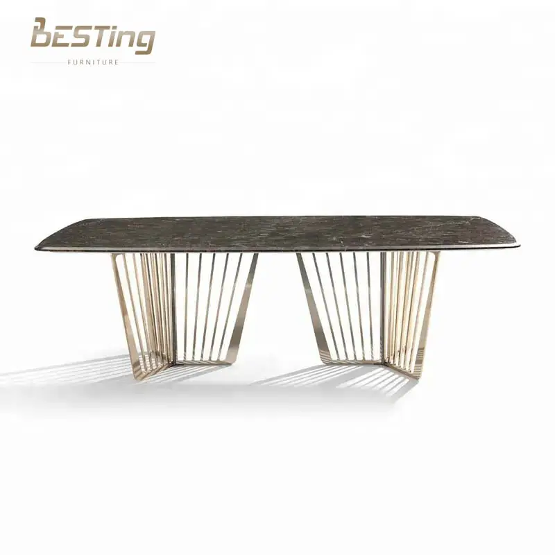 금속 가구 세트 공장 금 스테인레스 스틸 식탁 현대 직사각형 대리석 최고 식탁