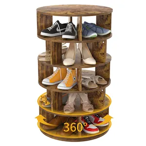 Household Storage Furniture Organizer 5 Tiers Revolving Sapateira Stackable Round Wood 360 Rotating Shoe Rack For Living Room