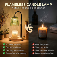 Lampe chauffe-cire vintage Japandi avec abat-jour en verre à facettes, noir mat et or champagne, bras courbé réglable, base en bois naturel