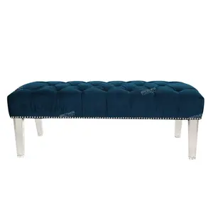 Hot sale modern style tufted blue velvet bedroom bench high back with acrylic legs