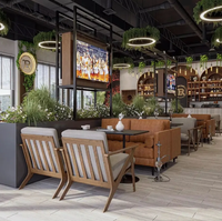 Canapé en cuir et bois massif, mobilier commercial pour café, bistrot, restaurant, carré et rond