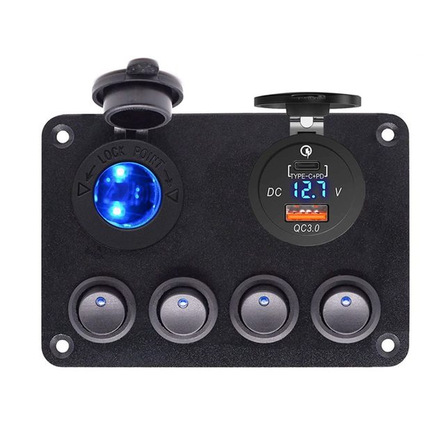Boman BM-Switch 12V 20A Quick Charge 3.0 USB Type-C Blue LED 4 Gang Toggle Switch Panel for Cars Marine Boat Truck RV