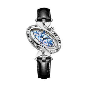 Tophill jam tangan kulit mewah wanita, arloji Quartz berlian modis untuk wanita
