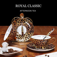 Ensemble de tasse et soucoupe à café et à thé de style américain rétro léger et luxueux à imprimé léopard avec poignée en céramique exquise