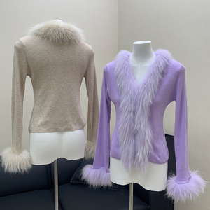 Áo khoác cardigan len nữ dáng ôm cổ V thanh lịch, viền lông chồn thật, thời trang mùa thu - Product Image 3