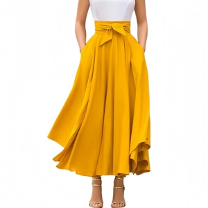 New High Waist Pockets Women's Skirt Summer Spring Elegant <strong>Bow</strong> Pleated Dress Ladies Casual <strong>Large</strong> Hem Skirts - Product Image 1
