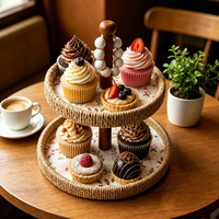 Support à gâteaux rustique fait main à 2 niveaux en rotin tressé à motif floral, avec poignée en bois, plateau de service décoratif pour la maison