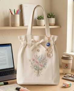 B.R. Bolso Tote Color Crema con Diseño Floral Bordado y Detalle de Lazo, Elegante Bolso Reutilizable para Compras, Regalos y Decoración del Hogar - Product Image 2
