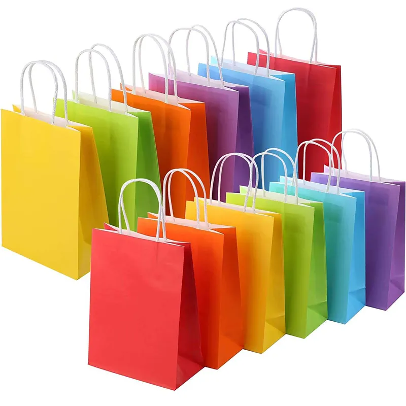 Vendita calda buon prezzo 8 colori arcobaleno marchiato festa di natale regalo per bambini compleanno borsa di carta kraft con manici