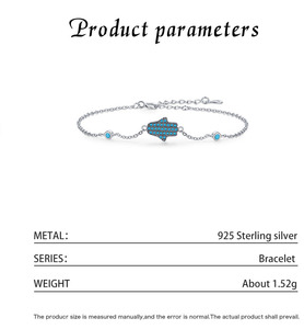 S925 Silver Hand Shape <b>Bracelet</b> With Blue Crystal Rhinestones Chain Link Unisex Everyday Wear Religious Style - Product Image 2