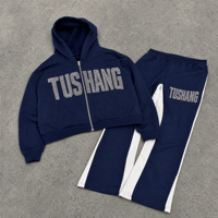 Ensemble de survêtement streetwear 2 pièces pour homme, style Y2K personnalisé, avec sweat à capuche court zippé orné de strass et pantalon de jogging patchwork à jambes larges