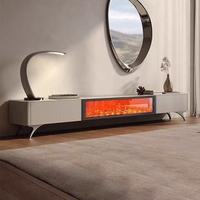 Meuble TV de style luxueux, table basse, armoire décorative haut de gamme en panneaux de bois, flammes 3D, salon, cuir brodé