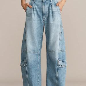 Nuevo Diseño, Logotipo Personalizado, Jeans de Cintura Alta para Mujer, Pierna Ancha, Dobladillo Reforzado, Azul Claro, Pantalones Vaqueros Holgados - Product Image 2