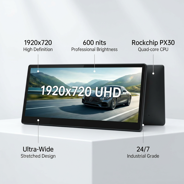 1920x720 High Resolution 12.3 Inch Android Stretched Bar LCD Display for Car Dashboard and Elevator Interactive Digital Signage