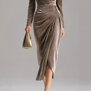 Abiti da sera lunghi da donna 2026 in velluto casual, anti-piega, a vita alta, sexy, a maniche lunghe, modellanti e plissettati - Product Image 4