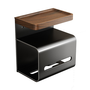 <b>Wall</b> Mounted Toilet Paper Holder Walnut Wood No Drilling Required Multipurpose Tissue <b>Box</b> Bathroom Storage Shelf - Product Image 5