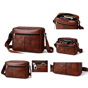 Sac bandoulière marron en cuir PU style vintage avec motif Paris en relief, sangle réglable, poche avant zippée, 9x7.5x2.5 pouces, pour le shopping - Product Image 1