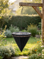 Panier à fleurs suspendu conique en ciment noir, jardinière tressée avec bord dentelé marron, crochet métallique sculpté à la main style américain, étanche