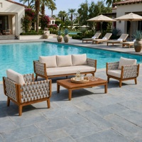 Ensemble de canapés de patio haut de gamme, structure en bois d'acacia avec finition teck, corde beige tressée à la main pour jardin, balcon et villa