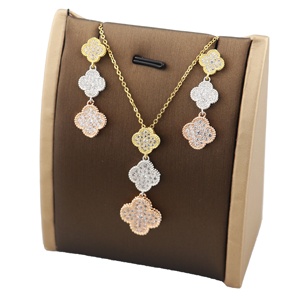 Fashion classic high quality Tricolor Four leaf necklace earring jewelry women girl set Zircon plated 18k gold jewelry set