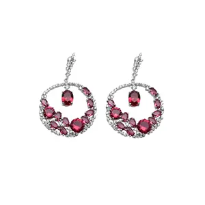 Luxury Jewelry Classic Four Prong Oval Cut Red Diamond Ruby Zircon Elegant 925 Sterling Silver Drop Earrings Womens Earrings