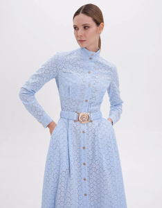 Vendita calda abito da donna in pizzo blu chiaro <span class=keywords><strong>Maxi</strong></span> abito con <span class=keywords><strong>colletto</strong></span> a bottone e <span class=keywords><strong>camicia</strong></span> con cintura in vita elegante abito lungo Casual con dettagli ritagliati - Product Image 1