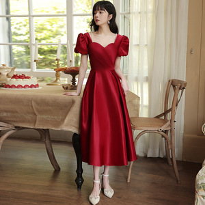 Burgundy Satin Evening Dress Square Neck A-Line Vintage Mid Length For Engagement Party Host - Product Image 2