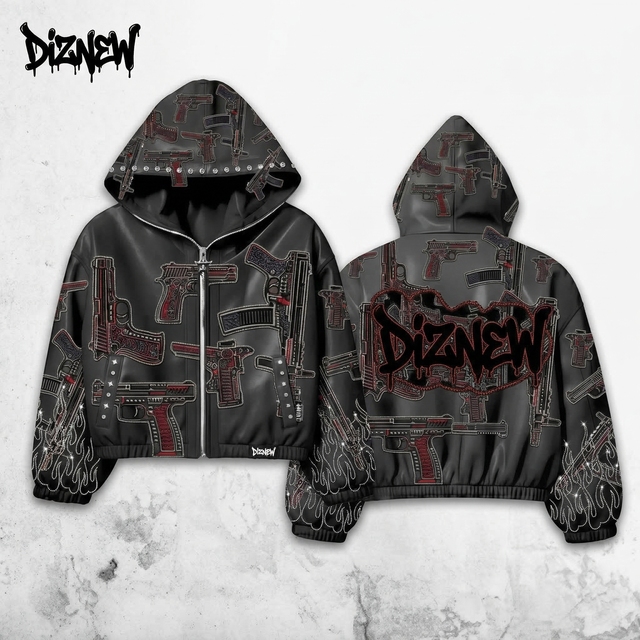 DiZNEW Mens Zip up Hooded Jacket All Over Graphic Print Streetwear Oversized Hoodie Coat Custom OEM ODM Bulk Supply