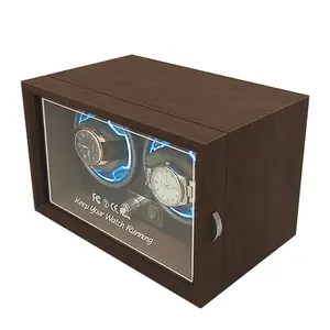 Caja de enrollador de reloj automático, caja de reloj de madera Led, caja rotadora, Motor silencioso, enrollador de reloj doble, 2 ranuras, fabricación de China