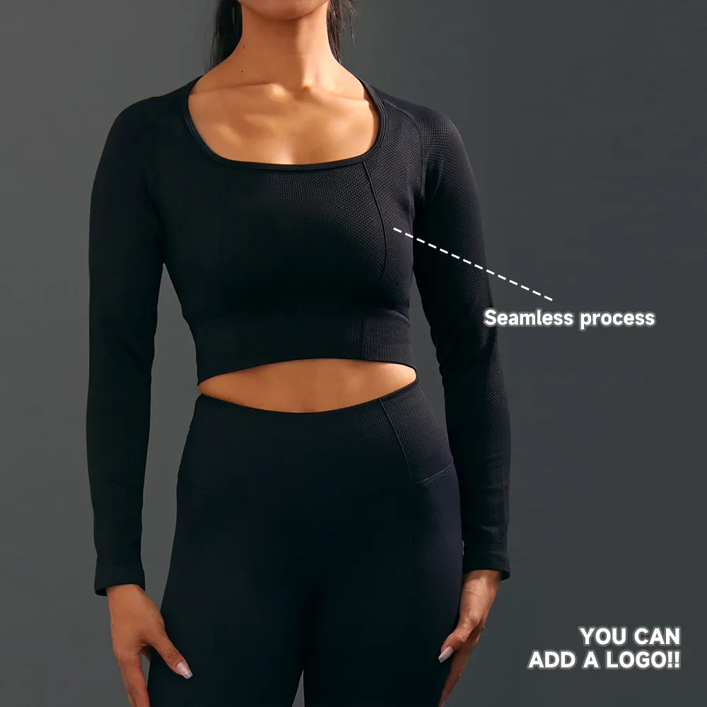 Luckpanther新しいジムウェアデザインは、女性のシームレスな長袖クロップジムフィットネスセットのためのジム女性スポーツフィットネスヨガセットを着用しています