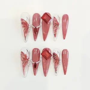 Shiny Fantasy Stiletto Flash Red Nails With Nail Butterfly 3D Pearl Rhinestones Design Full Cover Wear Luxury Press On Nails