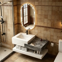 Meuble-lavabo mural de luxe moderne à double niveaux décalés en marbre et ardoise avec vasque en céramique et miroir LED – Ensemble de salle de bain