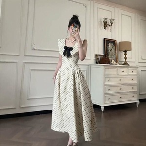 French Style Polka Dot Bow Dress Women Empire Waist Peter Pan Collar Long Dress Daily Casual Apricot Color - Product Image 1