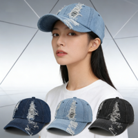 Casquette de baseball unisexe ajustée 6 panneaux en jean déchiré avec logo brodé, style papa, pour sports de plein air et golf