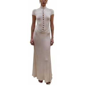 Vestido Maxi de <span class=keywords><strong>Mujer</strong></span> con Cuello Alto y Detalle de Botones, Vestido Fluido Transparente, Vestidos de <span class=keywords><strong>Mujer</strong></span>, Moda Sehe - Product Image 1